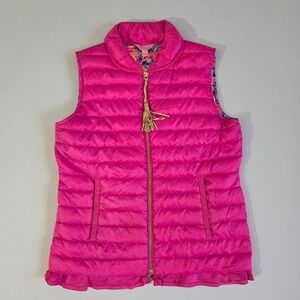 Lilly Pulitzer Cora Puffer Vest Magenta Pink Floral Lined‎ XS Lightweight